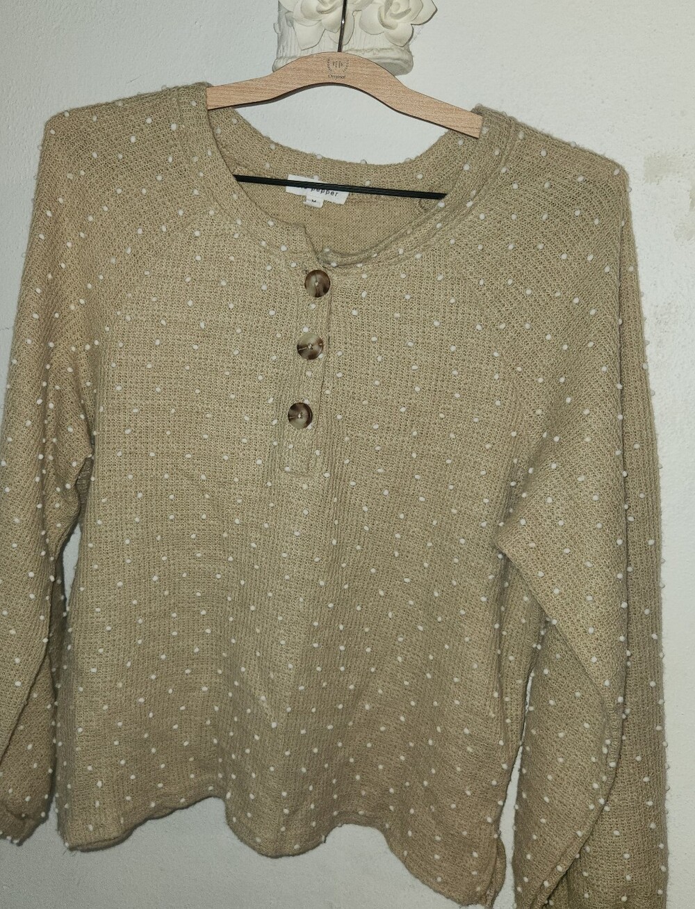 Blu Pepper Beige Knit Henley Sweater with White Dots